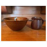 Western Stoneware Brown Ribbed Ceramic Pitcher with Leaf Mark