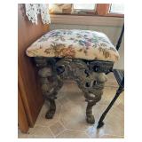 Floral Upholstered Stool with Figural Supports With Cast Iron Base