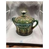 Antique Cambridge Carnival Glass Green Cracker Jar With Lid “Inverted Father”