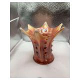 Dugan Peach/Orange Carnival Glass Vase Features a “Target” Pattern