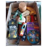 Assorted Toys and Collectibles including Star Trek Marbles, Tin Toys, and Toy Cars