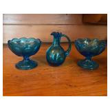 Blue Glass Dessert Set - Two Footed Bowls and Pitcher. bowls are Anchor Hocking. Pitcher is Blenko