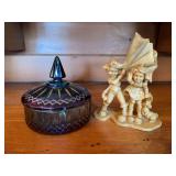Glass Covered Candy Dish and Resin Figure