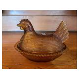 Figural Glass Chicken on Nest Covered Dish