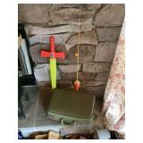 Suitcase, Child’s fishing rod & plastic sword