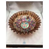 Dugan Amethyst Carnival Glass Bowl Featuring Grape & Leaf Pattern with Ruffled, crimped rim