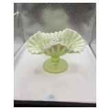 Dugan Vaseline Opalescent Topaz Glass Compote Pressed Ruffle Edge