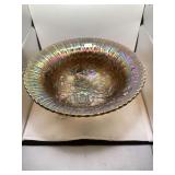 Carnival Glass Footed Bowl, Rose Pattern, Marigold Iridescence