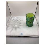 Two Iridescent Carnival Glass Items: L.E. Smith Green Tumbler and Starburst Bowl
