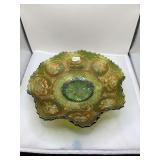 Fenton Green Carnival Glass Bowl, Dragon and Lotus Pattern