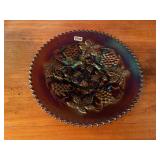 Carnival Glass Footed Plate with Grape Pattern and Iridescence