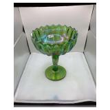 Indian glass Carnival Glass Footed Bowl, Green Iridescent Glassware