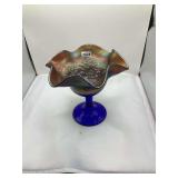 Carnival Glass Footed Bowl with Floral and Bird Motif