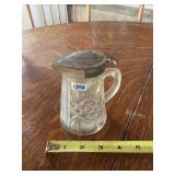 Pressed Glass Syrup Pitcher with Metal Lid