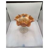 Fenton Peach Carnival Glass Compote, Peacock and Urn Pattern