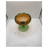 Carnival Glass Compote Bowl, Marigold Iridescence, Green Stem