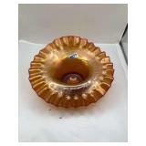 Fenton Carnival Glass Footed Bowl, Grape and Cable Pattern, Orange Iridescence