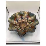 Fenton Carnival Glass Bowl, Grape and Cable Pattern, Blue Iridescent