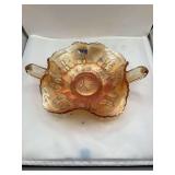 Fenton Peach Carnival Glass Candy Dish with Butterfly Design and Handles