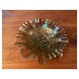 Northwood Green Carnival Glass Footed Bowl with Grape Design