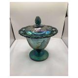 Indiana glass co Carnival Glass Footed Candy Dish with Lid, Grape Pattern, Iridescent