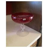 8” Round Red dish pedestal 8.5” tall