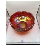 Marigold Carnival Glass Bowl, Stars and Arches Pattern, Iridescent