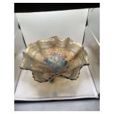 Fenton Carnival Glass Footed Bowl, Floral Motif, Marigold Iridescence