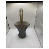 Imperial Carnival Glass Basket with Floral Pattern and Twisted Handle