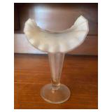 Fenton Milk Glass Trumpet Vase with Clear Base and Ruffled Edge