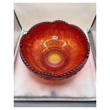 Carnival Glass Bowl, Orange Iridescent Finish, Stars and Arches Pattern