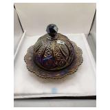 Imperial Carnival Glass Butter Dish, Purple, Floral and Geometric Pattern