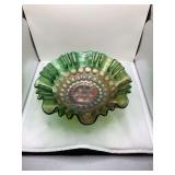 Fenton Carnival Glass Bowl, Green, Dot Pattern, Iridescent