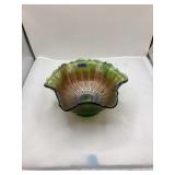 Fenton Green Iridescent Carnival Glass Bowl