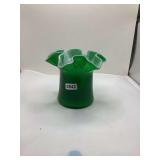 Fenton Ivy Green Overlay Ruffled Edge Art Glass Top Hat Vase
