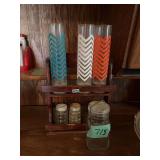 Chevron Design Drink Glasses with Wood Stand and Glass Shakers