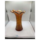 Imperial Carnival Glass Vase - Ribbed Exterior, Iridescent Amber