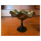 Green Carnival Glass Compote with Floral Pattern