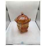 Imperial m Carnival Glass Footed Bowl with Lid, Orange Iridescence, Floral Pattern