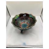 Fenton Carnival Glass Footed Bowl, Floral Pattern, Iridescent