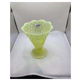 Fenton Vaseline Glass Footed Bowl, Hobnail Pattern