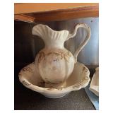 Ceramic Pitcher and Bowl Set with Gold Accents
