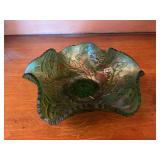 Millersburg Green Iridescent Glass Bowl with Floral Pattern