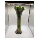 Fenton Diamond & Rib Green Metallic Swung Carnival Glass Vase 10 1/2” T
