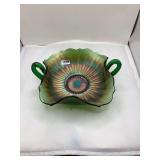 Fenton Green Carnival Glass Bowl with Handles