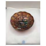 Fenton Carnival Glass Bowl Featuring Peacock and Urn