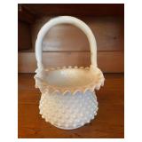 White Milk Glass Basket with Hobnail Design