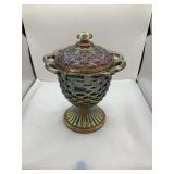 Imperial Glass Basket Weave Carnival Glass Covered Compote