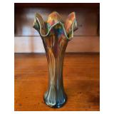 Fenton Carnival Glass Vase, Green Iridescent Finish, Fluted Design