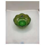 Green Carnival Glass Bowl with Iridescence